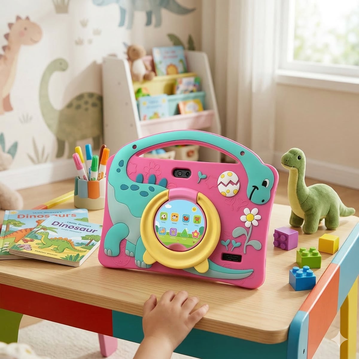 Dinosaur themed kids tablet computer on a playroom desk